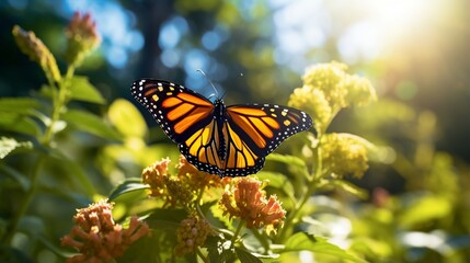 Obraz premium Monarch butterfly parked on the garden flower stalk in the sunny morning. 