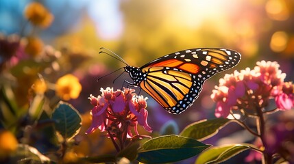 Obraz premium Monarch butterfly parked on the garden flower stalk in the sunny morning. 