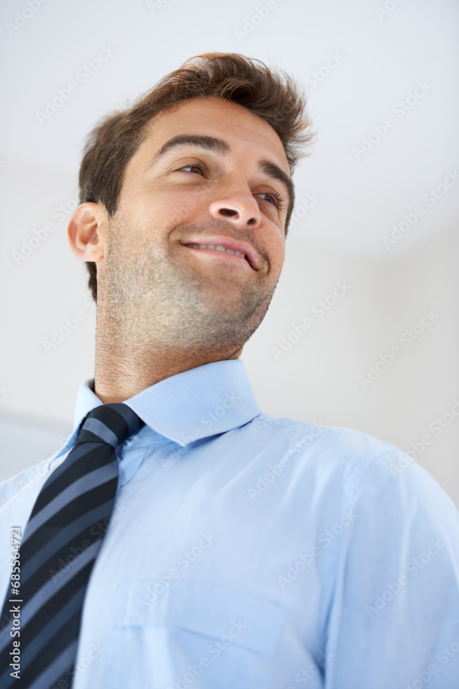 Poster face, smile or thinking with a business man with a tie in studio on a white background from below. v