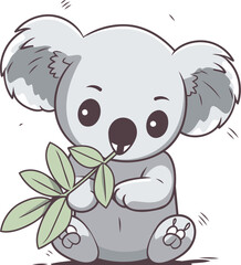 Cute koala holding a green leaf vector cartoon illustration