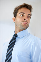 Thinking, business and man with ideas, solution and decision with planning, problem solving and professional. Person, agent and consultant with inspiration, worker and choice with startup and emoji