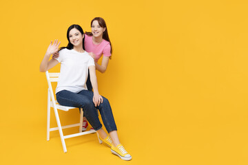 Obraz na płótnie Canvas Two young girls on a yellow background