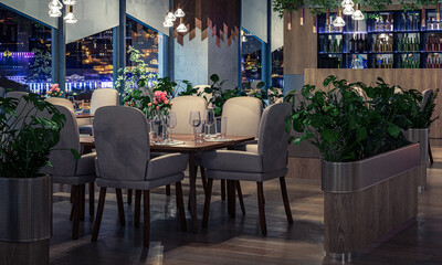 Fototapeta na wymiar Dining Table Iside a Modern Restaurant in Sustainable Interior Design by Night - 3D Visualization