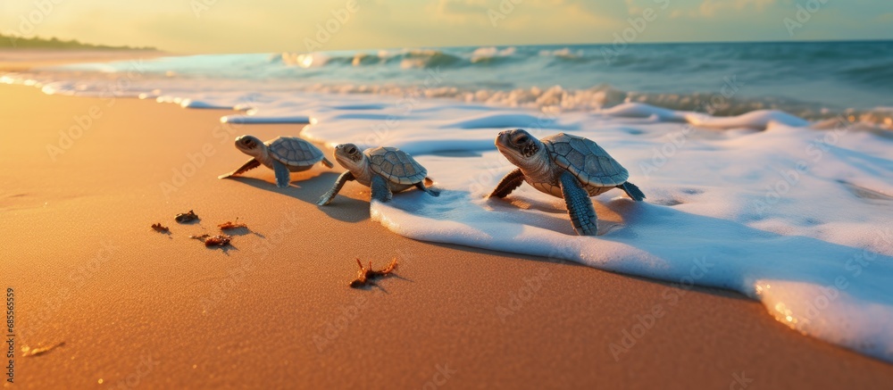 Poster Turtles journey to the ocean copy space image