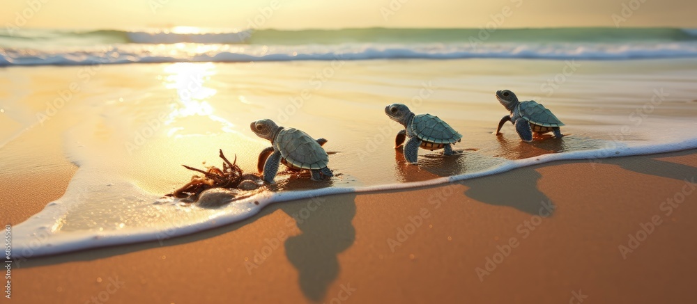 Poster Turtles journey to the ocean copy space image