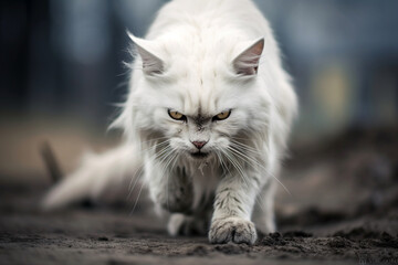 Obraz premium Angry white Persian cat with big orange eyes looking at camera, Generative Ai