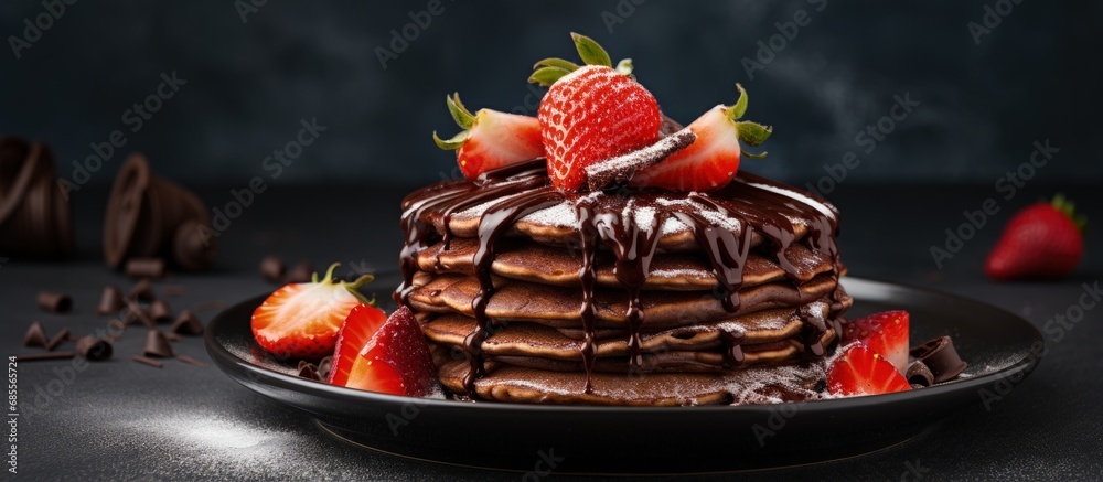 Aufkleber top view of stack of chocolate pancakes with strawberries and chocolate topping copy space image