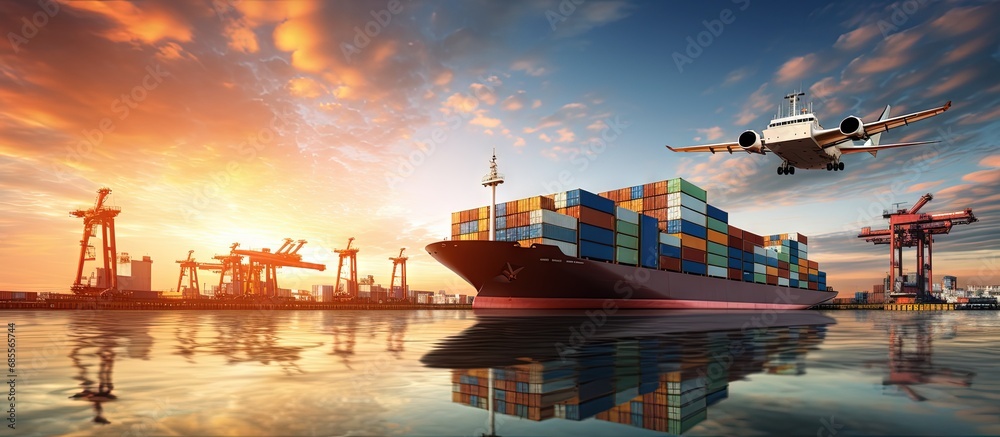 Aufkleber transporting cargo by both ship and plane copy space image