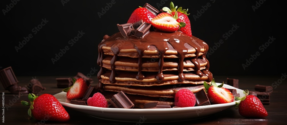 Aufkleber Top view of stack of chocolate pancakes with strawberries and chocolate topping copy space image