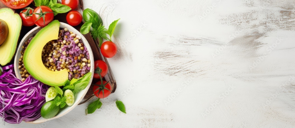 Poster vegan lunch bowl with avocado quinoa tomato cucumber cabbage peas and radish salad from above copy s