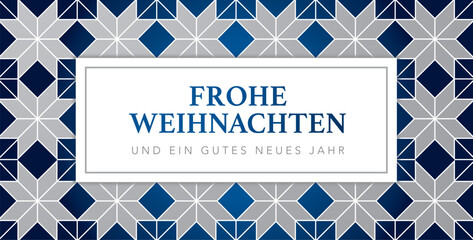 Weihnachtskarte mit deutschem Text - silberne Sterne auf blauem Hintergrund