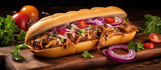 Traditional Peruvian sandwich with pork onions and salad copy space image