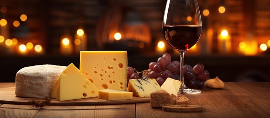 Wine and cheese at friendly bar or restaurant gathering copy space image - obrazy, fototapety, plakaty