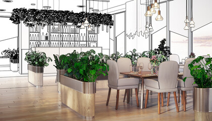 Illustration of a Modern Outlook Restaurant With Appealing Interior Design - 3D Visualization