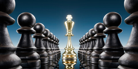 3d illustration of The king is standing between two rows of pawns, symbolizing absolute power.