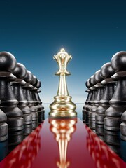 The queen is standing between two rows of pawns, symbolizing absolute power, presented in 3d illustration.