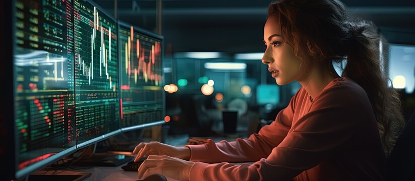 Young woman working late in a modern office with stock trading double exposure copy space image