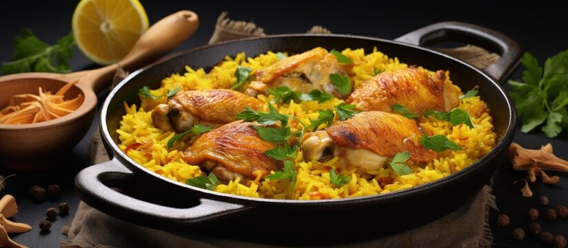 Turmeric chicken casserole in baking dish copy space image