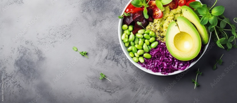 Poster vegan lunch bowl with avocado quinoa tomato cucumber cabbage peas and radish salad from above copy s