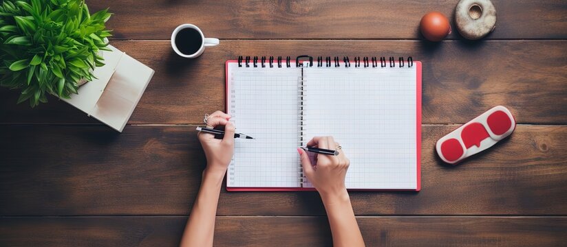 Young woman preparing workout schedule indoors using a notebook from above copy space image