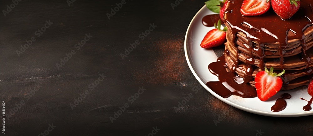 Aufkleber Top view of stack of chocolate pancakes with strawberries and chocolate topping copy space image