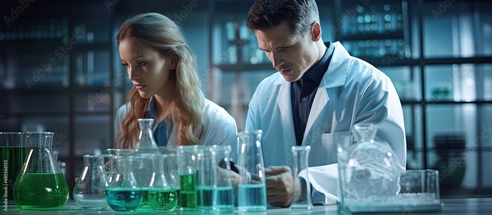 Poster Young student and supervisor scientist observing color shift in flask in chemical lab copy space image