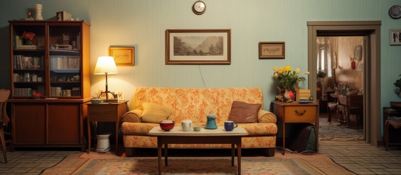 Typical Soviet style apartment with vintage furnishing and retro living room design copy space image
