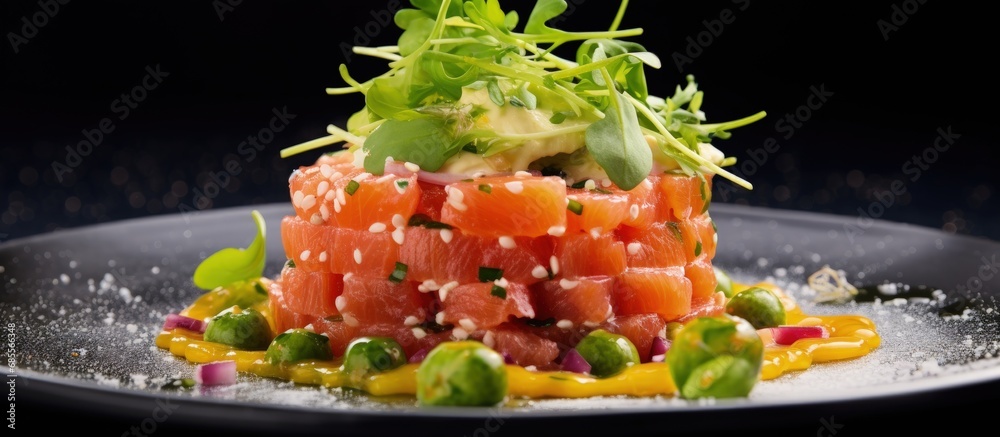 Poster unconventional salmon tartare with kiwi and orange dressing satisfyingly delightful copy space image
