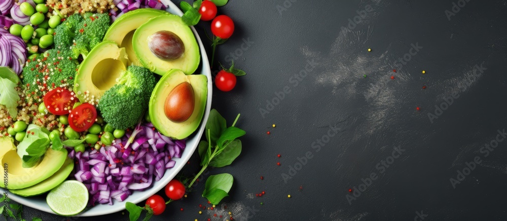 Poster vegan lunch bowl with avocado quinoa tomato cucumber cabbage peas and radish salad from above copy s
