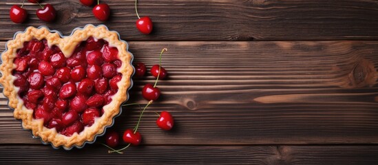 Valentine s Day cherry pie with heart shaped decorations homemade on wooden background top view copy space image