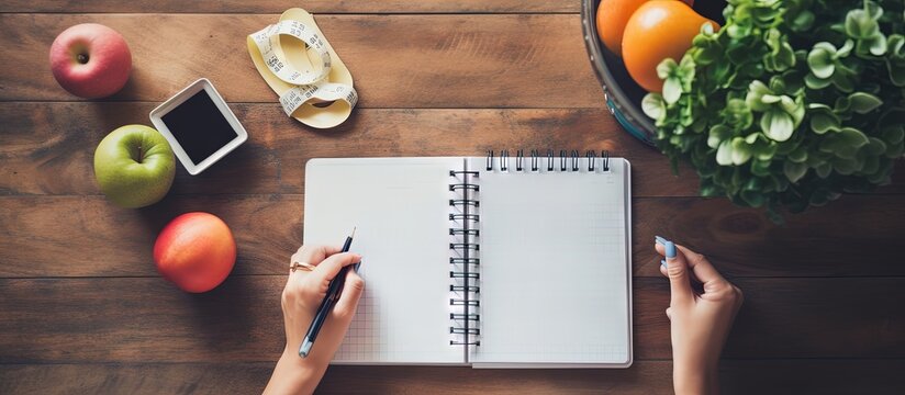 Young woman preparing workout schedule indoors using a notebook from above copy space image