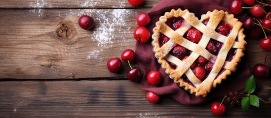 Valentine s Day cherry pie with heart shaped decorations homemade on wooden background top view copy space image - obrazy, fototapety, plakaty