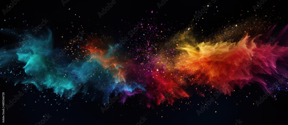 Poster Vibrant particles create isolated burst on black surface in a textured dark spray copy space image