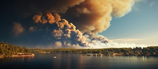 Wildfire smoke cloud over wooded area near harbor copy space image