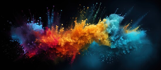 Vibrant particles create isolated burst on black surface in a textured dark spray copy space image