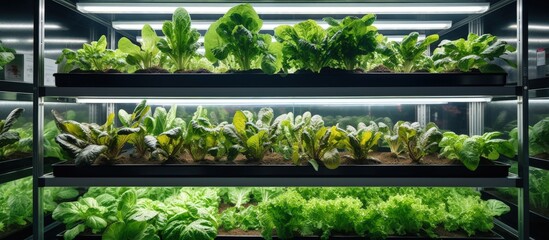 Vegetables grow in indoor vertical farms with LED lights providing sustainable agriculture and facilitating plant vaccine development copy space image