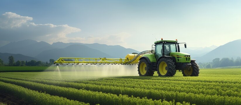 Tractor spraying pesticides on spring corn field copy space image