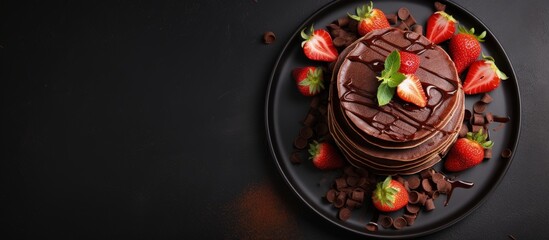 Top view of stack of chocolate pancakes with strawberries and chocolate topping copy space image
