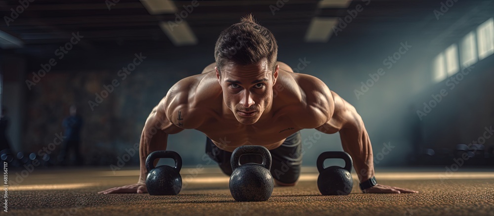 Wall mural Young man performing functional exercise with kettlebell at gym copy space image