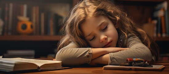 Tired young girl sitting thoughtfully while doing homework copy space image - Powered by Adobe