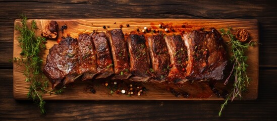 Top view of sliced chuck beef ribs on a wooden cutting board seasoned with hot rub for barbecue...