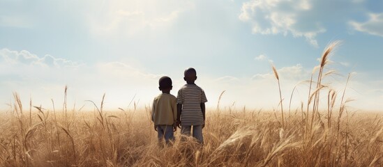 Two African boys observing a barren field with dry grass pondering the effects of global warming desertification and water scarcity copy space image - obrazy, fototapety, plakaty