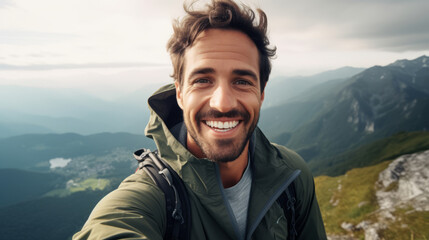 Naklejka premium Happy and smiling young hiker man taking selfie