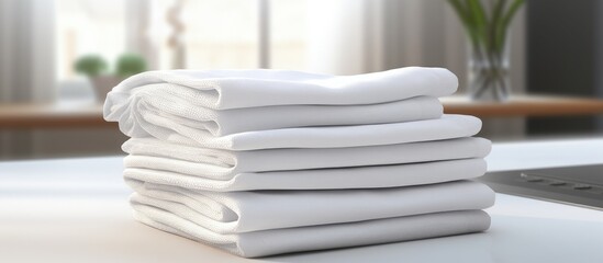White desk top view with a stack of dish towels resembling a napkin copy space image