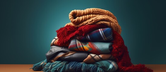 Winter apparel pile featuring scarf gloves and blanket copy space image - obrazy, fototapety, plakaty