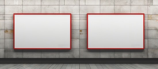Two empty billboards for advertising on textured walls digital ad templates for OOH placement in shopping malls or train stations with perspective copy space image - obrazy, fototapety, plakaty