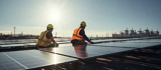 Two workers in safety gear are installing solar panels at a solar farm copy space image