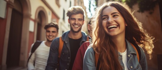 Vertical street photo of young friends happily walking laughing and having fun together copy space image