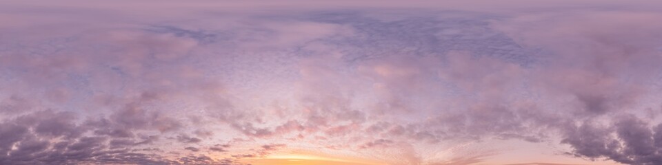 Sunset sky panorama with bright glowing pink Cumulus clouds. HDR 360 seamless spherical panorama. Full zenith or sky dome in 3D, sky replacement for aerial drone panoramas. Climate and weather change.