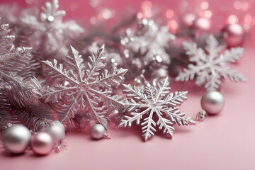 Obraz na płótnie Canvas fir branch shiny silver snowflakes the edge on a pink background